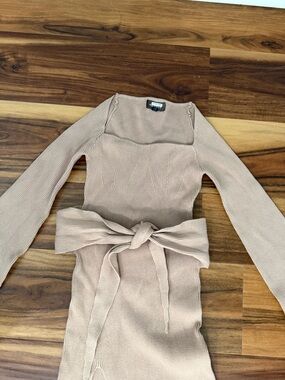 Beige Ribbed Knit Belted Long Sleeve Dress